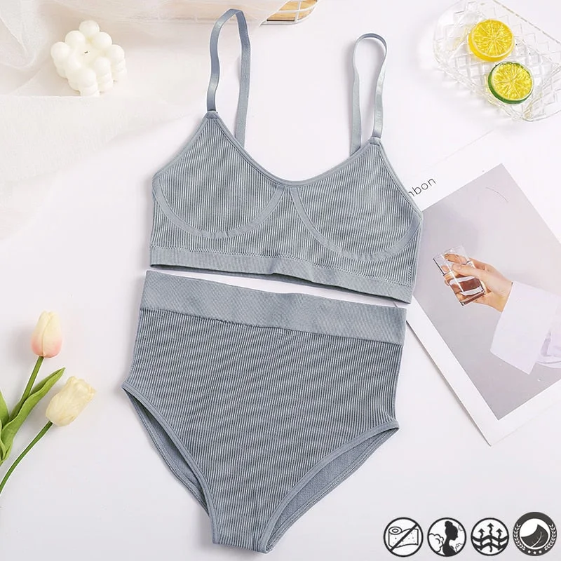 Women Sexy Underwear Seamless Bra Set High Waist Panties Female Bralette Lingerie Fitness Crop Top Simple Active Girls Sport Bra