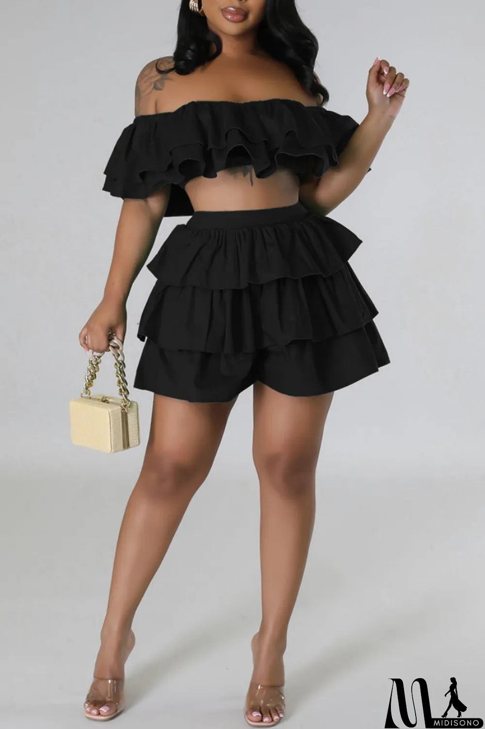 MidiSono - Rose Red Sexy Casual Solid Patchwork Backless Off the Shoulder Short Sleeve Two Pieces