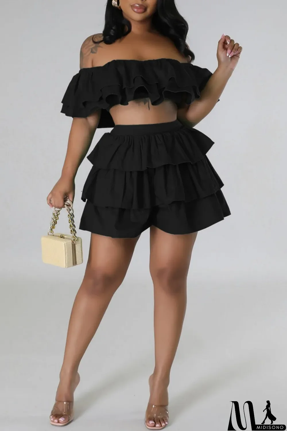 MidiSono - Rose Red Sexy Casual Solid Patchwork Backless Off the Shoulder Short Sleeve Two Pieces