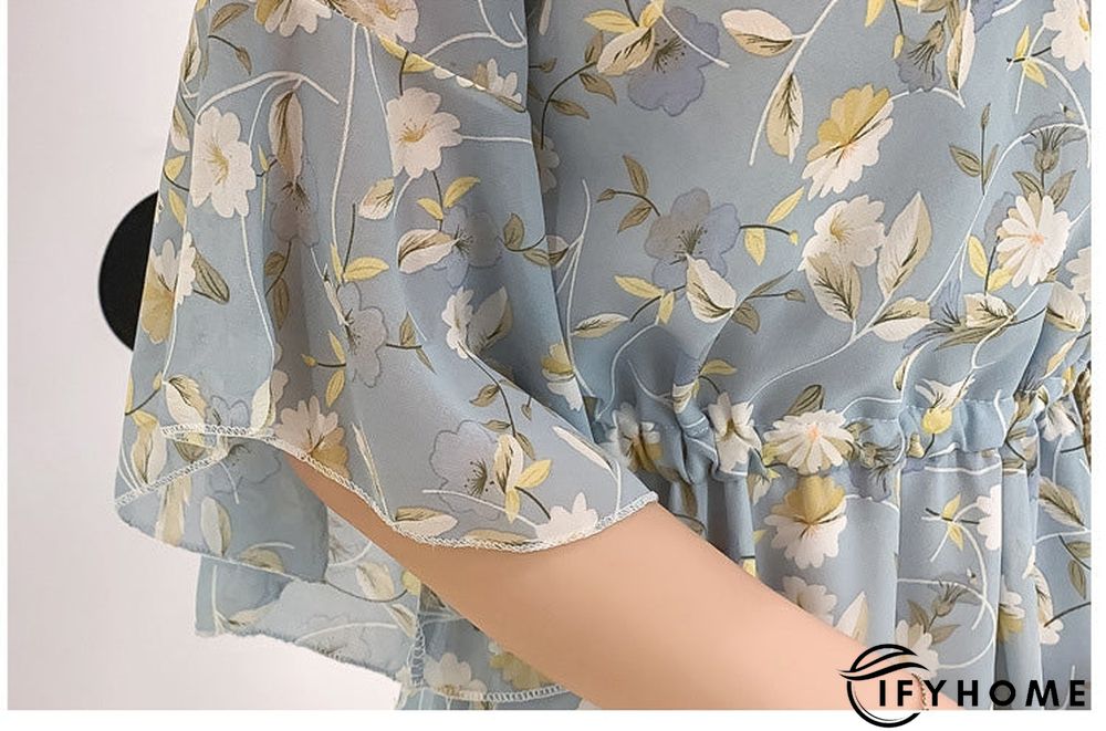 Spring Summer Chiffon Women V-Neck Floral Print Short Dresses Sweet Ruffle Sleeeve Slim Drawstring Ladies Dress | IFYHOME