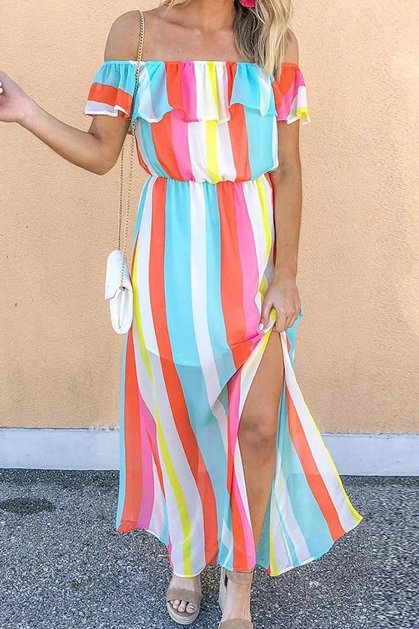 Womens Colorful Striped One-shoulder Slit Dress-Allyzone-Allyzone