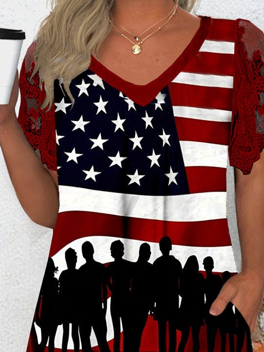 Women's Short Sleeve V-neck Graphic Lace Pockets Tops