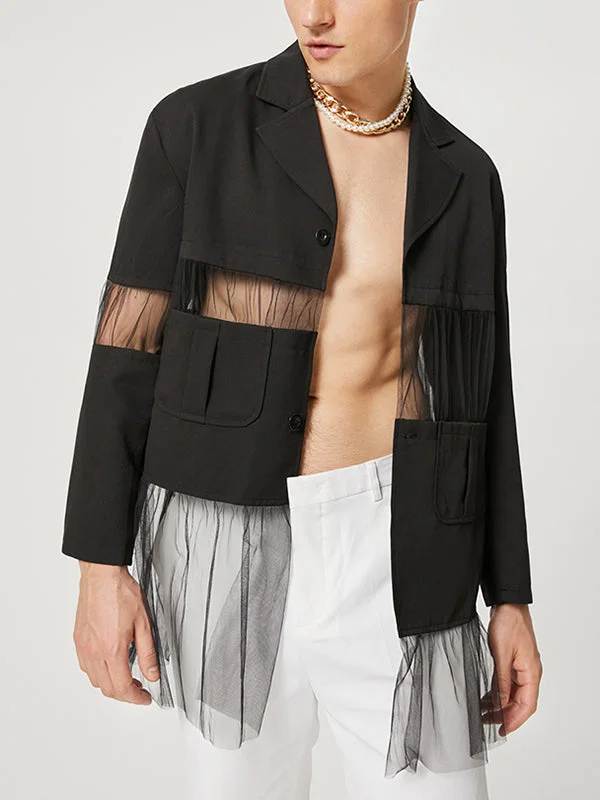 Aonga - Mens Sheer Patchwork See Through Asymmetrical Blazer J