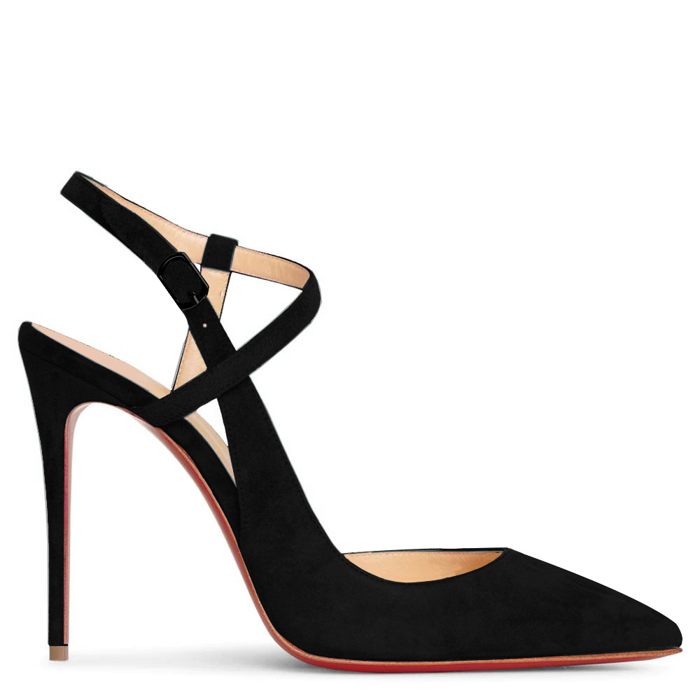 100mm Women Slingback Suede Pumps Ankle Strap Jenlove Stiletto Mid Heel Close Pointed Toe Dress Red Bottoms Shoes VOCOSI James Yang