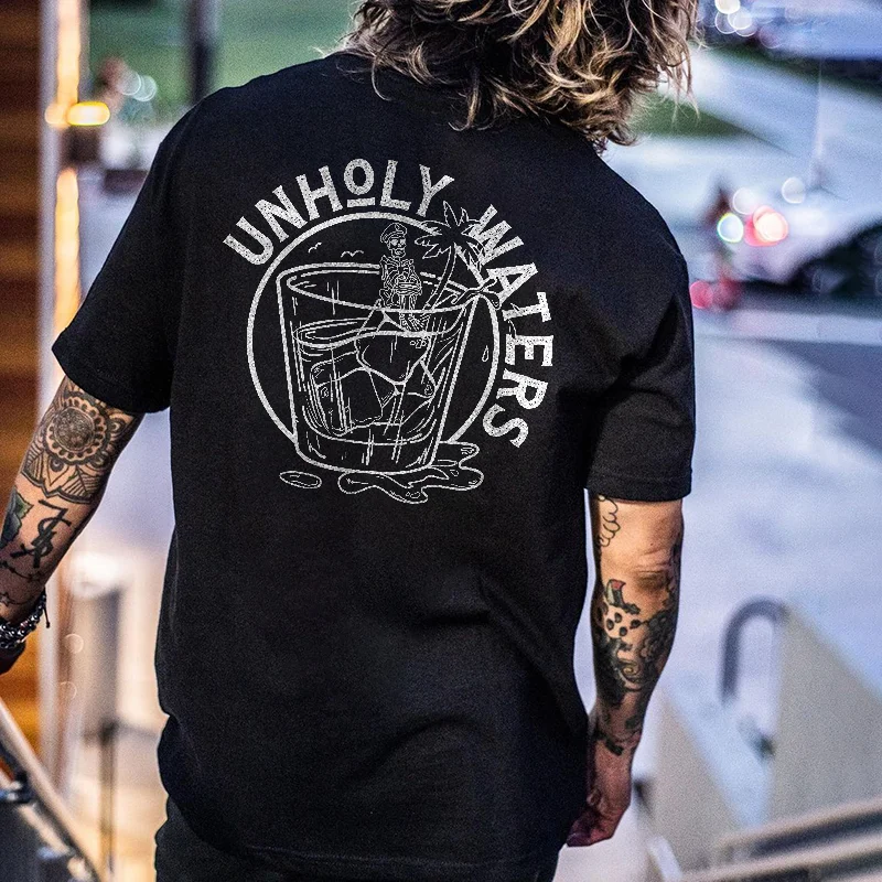 Unholy Waters Printed Men's Casual Black T-shirt -  