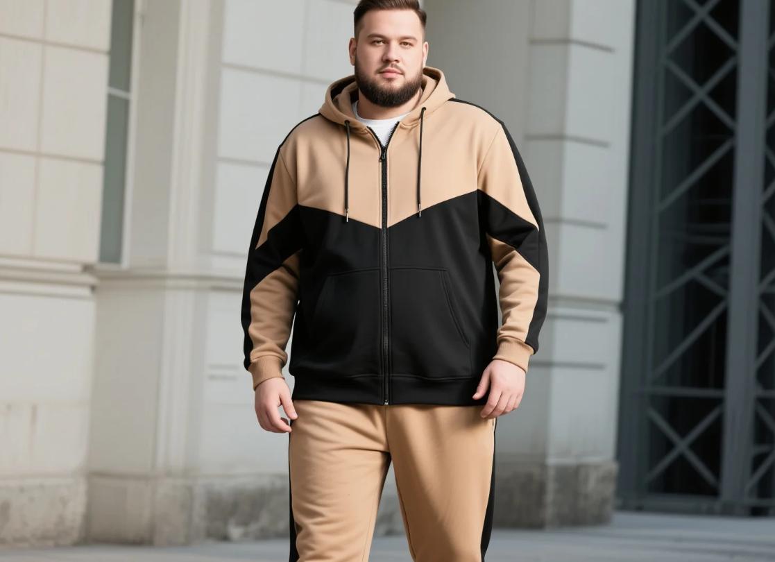 A men strolling down the street in casual big and tall sweat suit