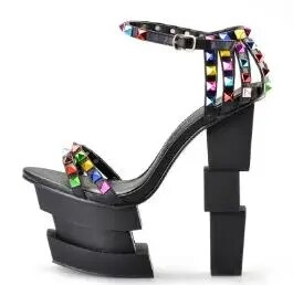 TAAFO Women Shoes Strange Style High Heels Shoes Wedge Sandals Colored Rivets Peep Toe Strap Sandals