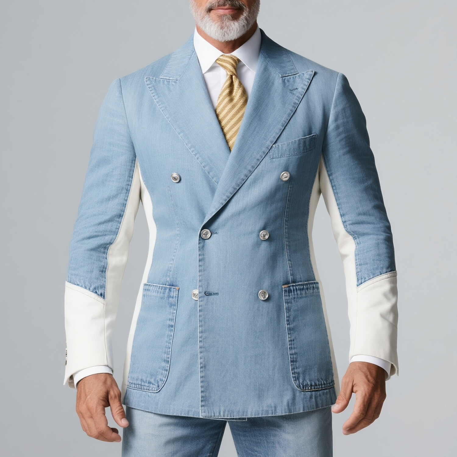 Men's Denim White Patchwork Double Breasted Peak Lapel Long Sleeve Blazer