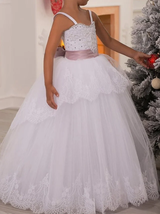 Daisda Sleeveless Spaghetti Strap Ball Gown Floor Length First Communion Flower Girl Dresses Polyester With Lace