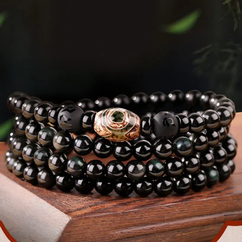 Black Obsidian Dzi Bead Tiger Eye Agate Healing 108 Beads Mala Bracelet
