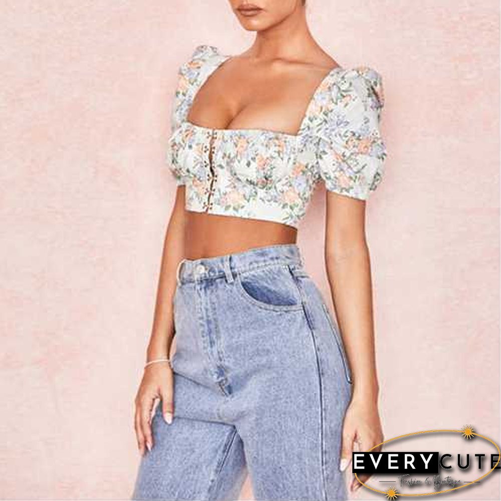 Vintage Floral Print Puff Sleeve Hook And Eye Crop Bodice Top