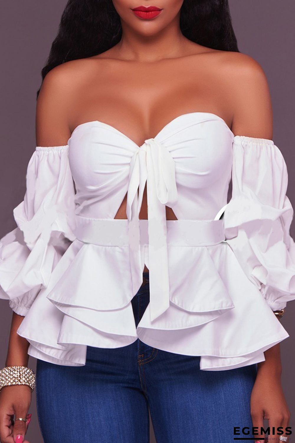 White Sweet Dew Shoulder Lantern Sleeves Blouses | EGEMISS