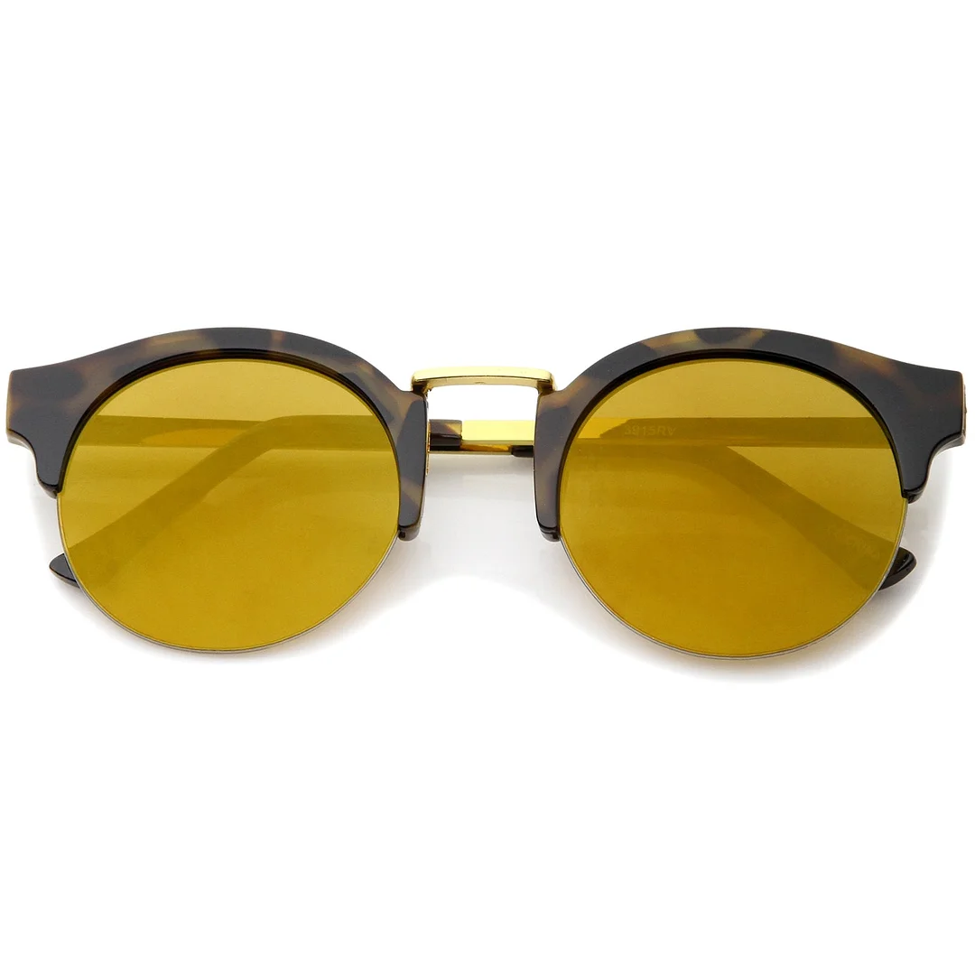 Semi-Rimless Metal Nose Bridge Trim Color Mirror Lens Round glasses 51mm