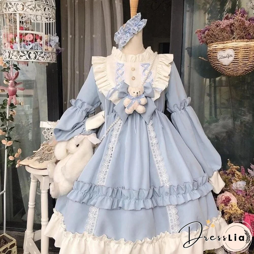 Japanese Gothic Lolita Dress Women Kawaii Bow Bear Lace Blue Dress Long Sleeve Princess Dress Female Cute Sweet Party Vestido