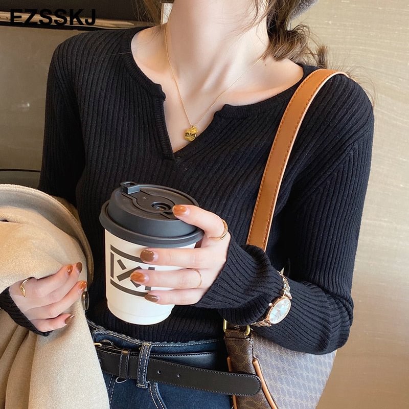 Basic V-Neck Sweater Pullover Women Autumn winter Casual long Sleeve Sweater For women Female Chic Jumpers top