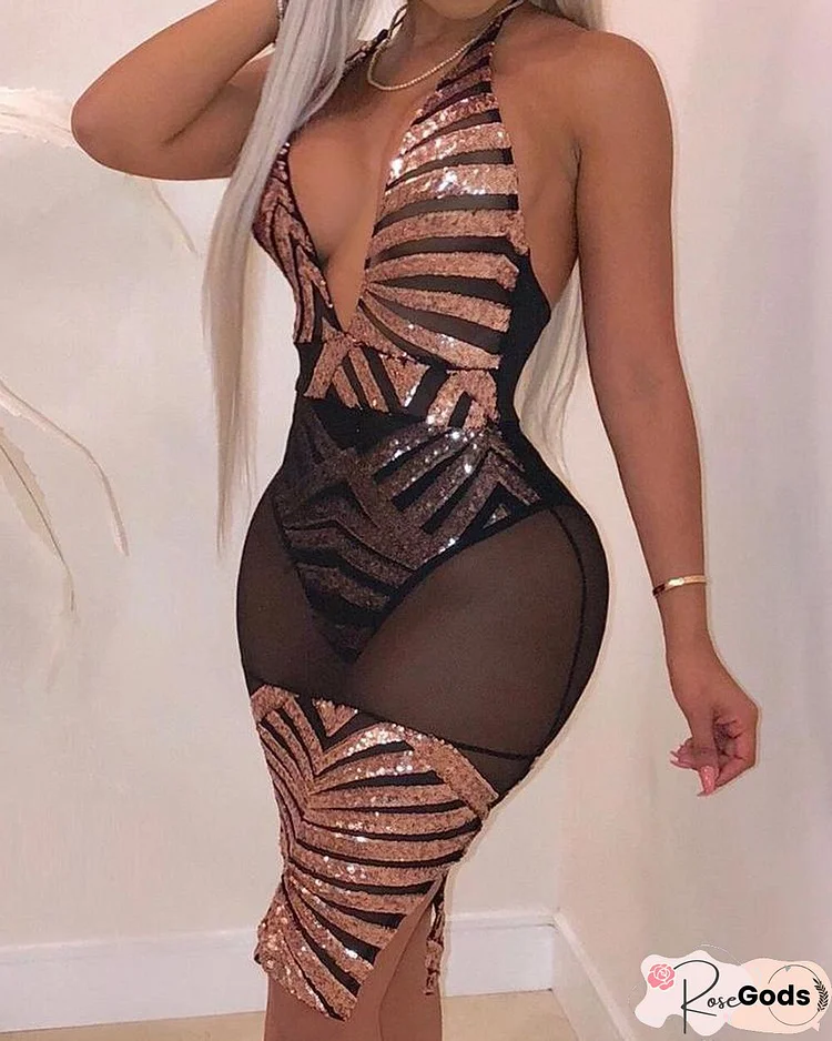 Sheer Mesh Backless Sequin Bodycon Dress