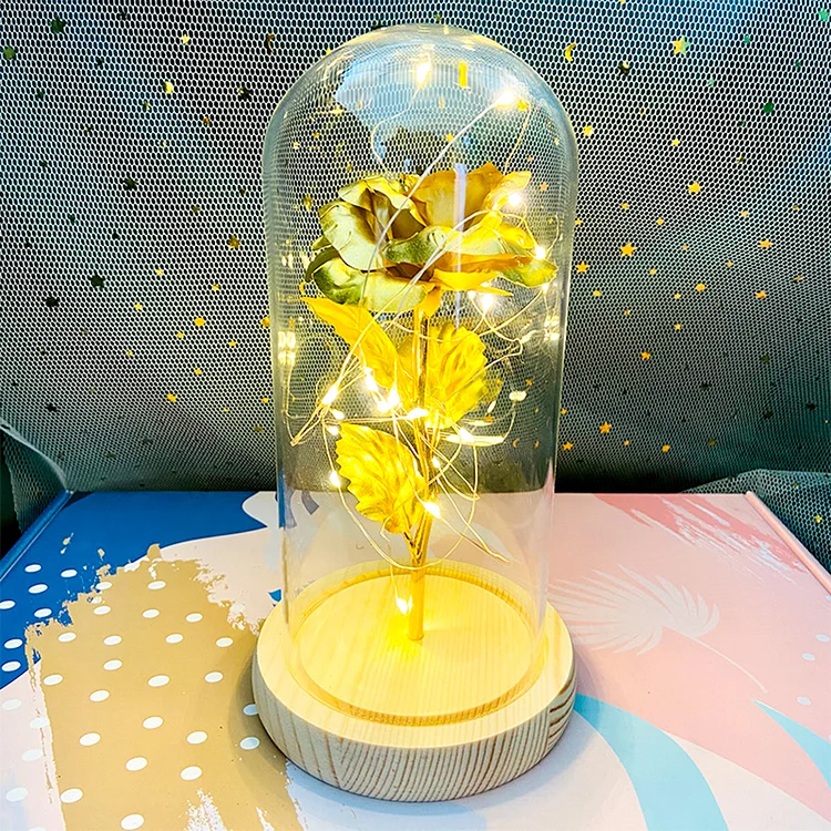 Gold Foil Everlasting Rose With Glass Dome And Led Lamp