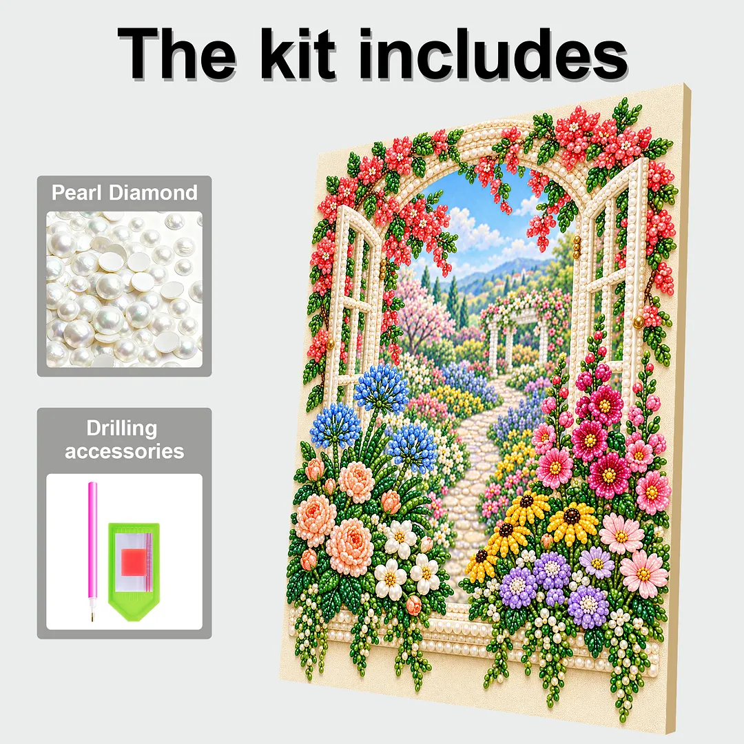 Framed Pearl Painting Kit Latticed Window 11.81x15.75in