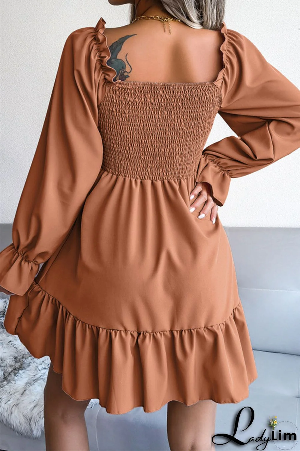 Burgundy Fashion Casual Solid Patchwork Square Collar Long Sleeve Dresses
