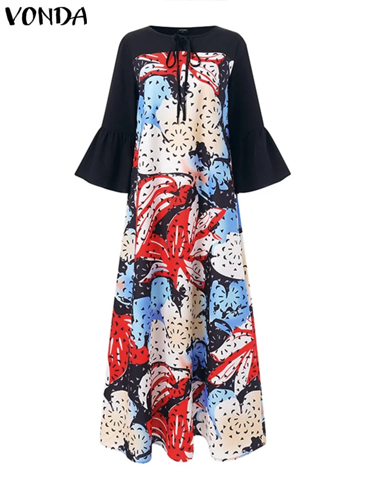 Summer Long Maxi Dress Women Bohemian Floral Printed Sundress 2022 VONDA Vintage Flare Sleeve Floor-Length Vestido Robe Longue