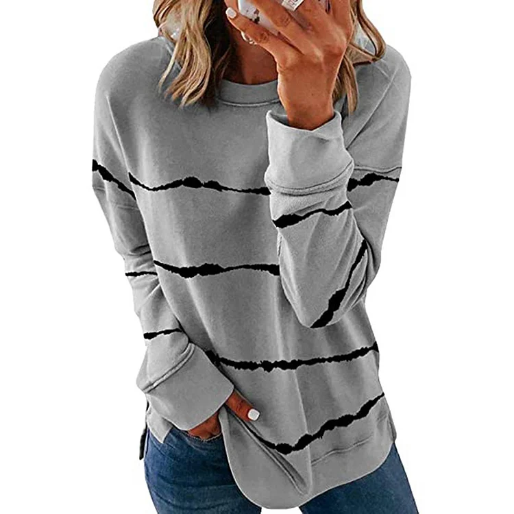 Women's Striped Long Sleeve Pullover T-shirts Tie Dye Casual Loose Crewneck Tops