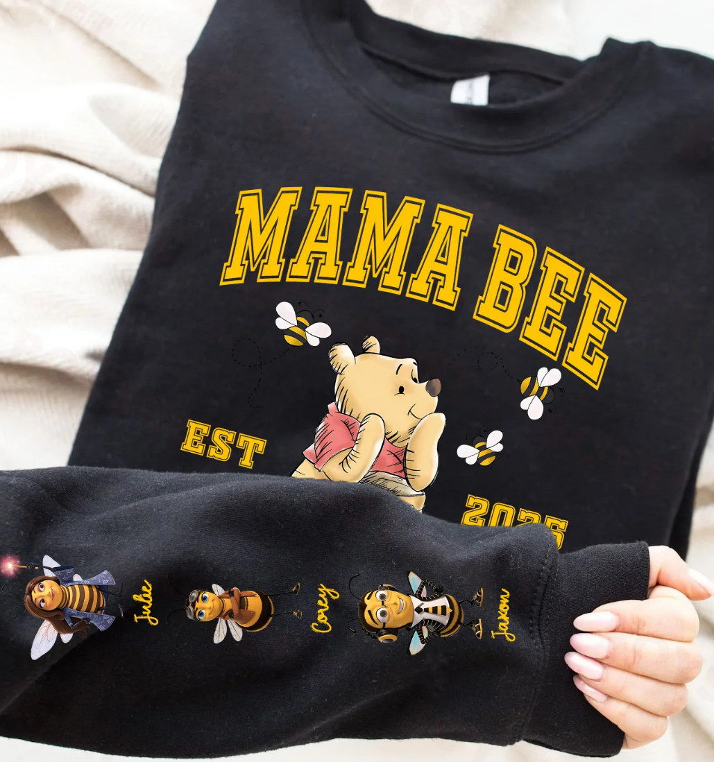 Loveyoufancy Custom Mama Bee Sweatshirt, Mama Est with Kid Name on Sleeve Sweatshirt
