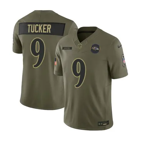 Men's Baltimore Ravens #9 Justin Tucker  Olive 2025 Salute to Service Retired Limited Jersey