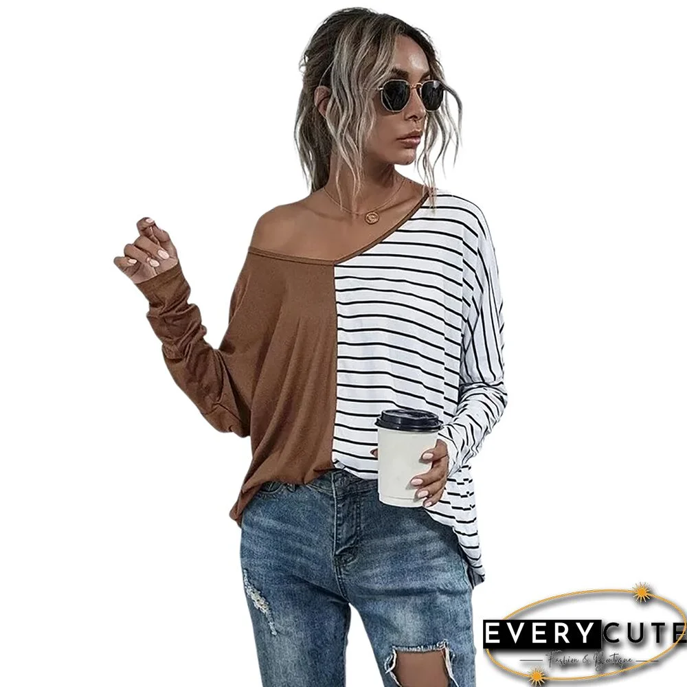 Khaki Stripe Contrast Long Sleeve Tops