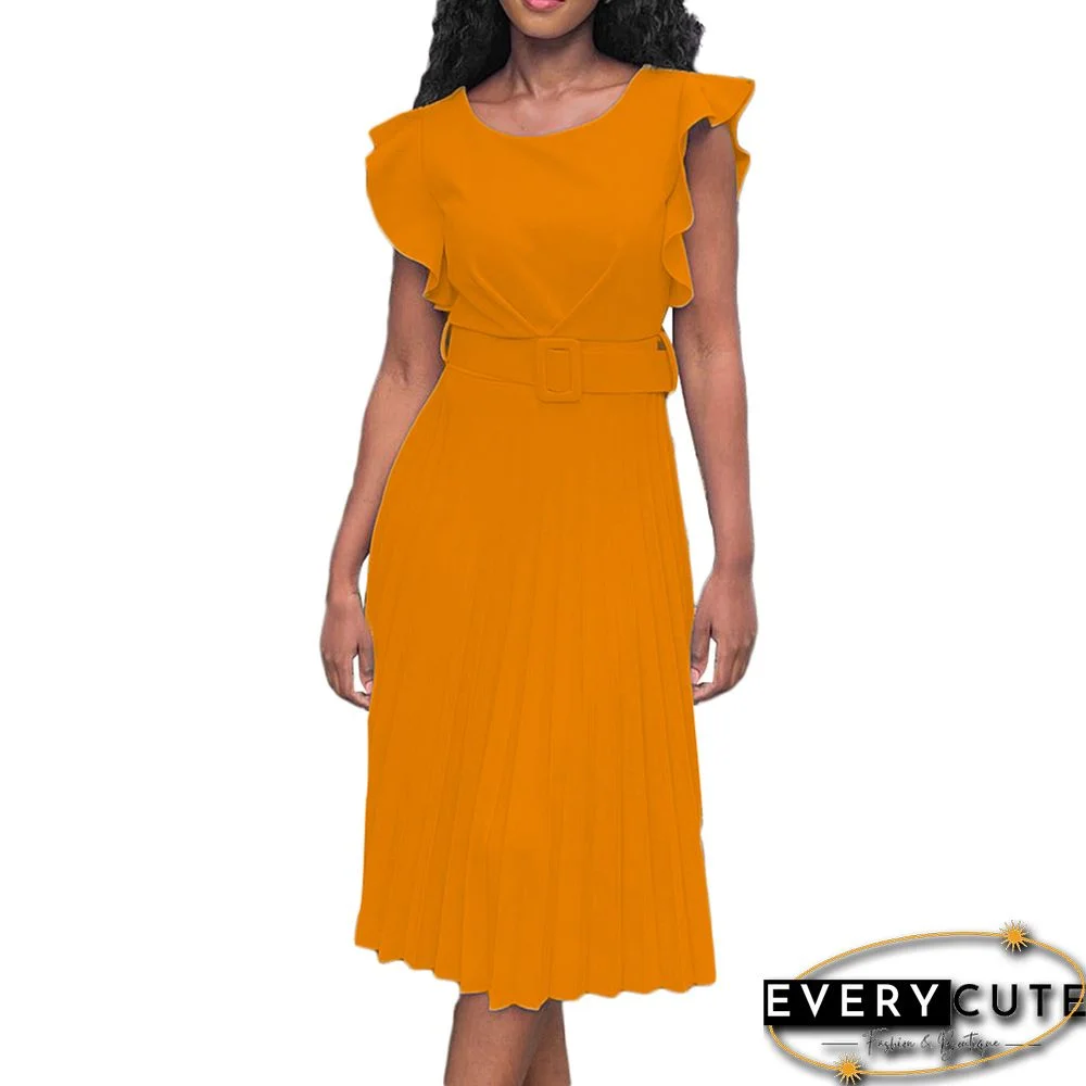 Yellow Ruffle Sleeveless Ruffled Midi Dress with Belt