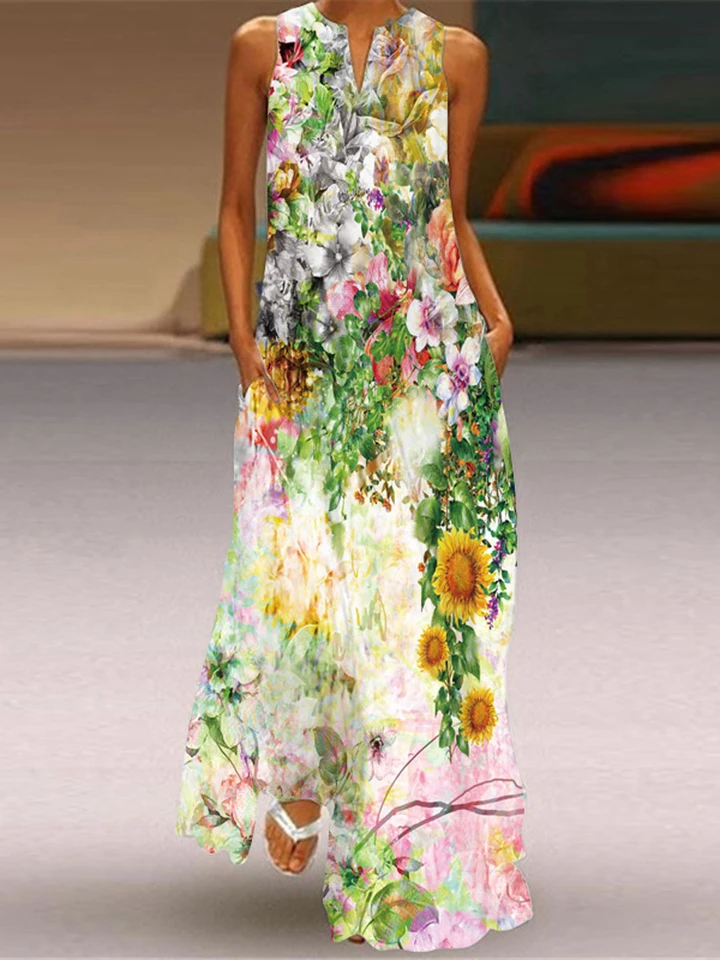 Sleeveless Floral V Neck Dresses