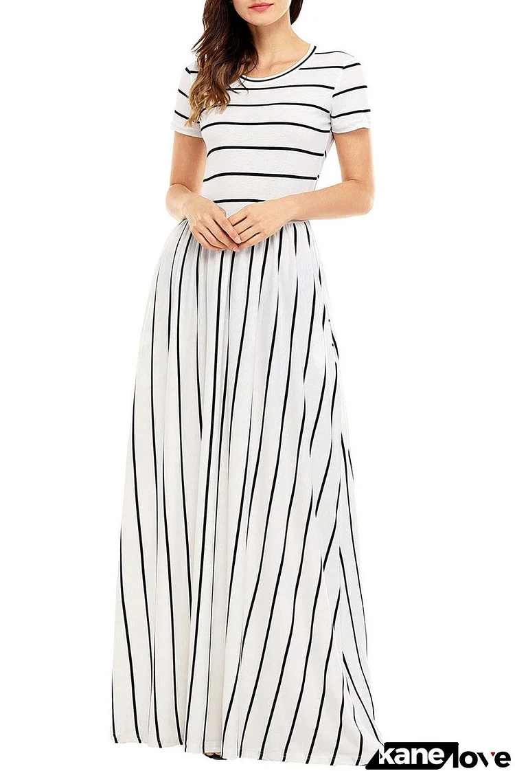 Black White Striped Short Sleeve Maxi Dress