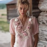 Vintage Boho Roses Embroidered V Neck Linen Shirt - Image 2