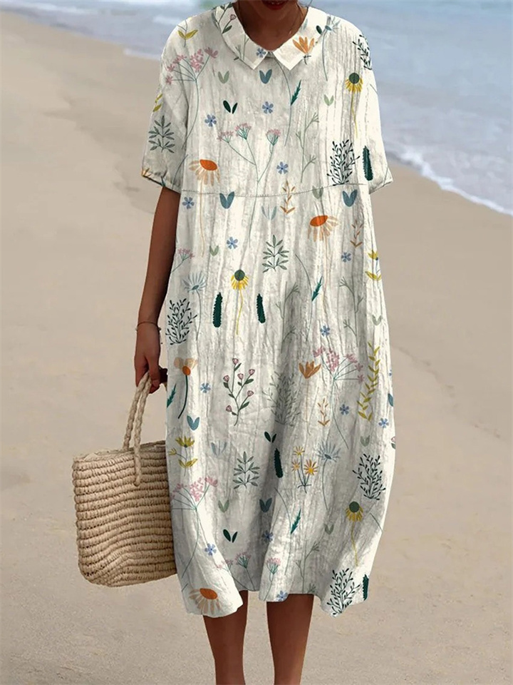 New Women's Large Size Shirt Short-sleeved Dresses Retro Plant Printing Dresses