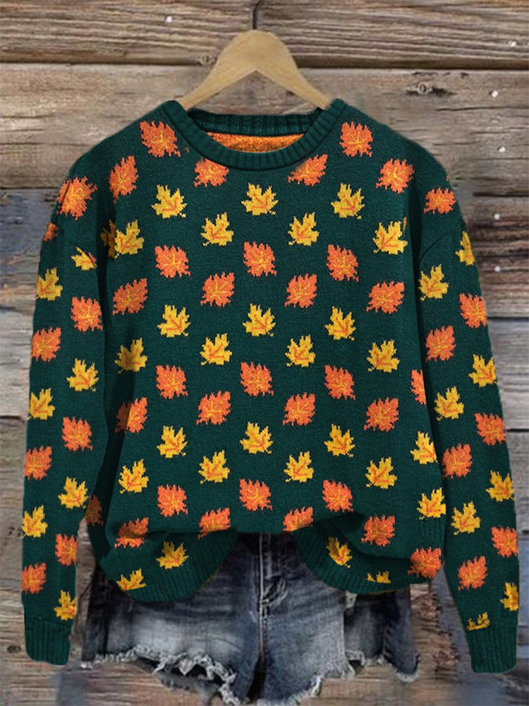 Women's Halloween Maple Leaf Design Printed Crew Neck Sweatshirt artswardrobe
