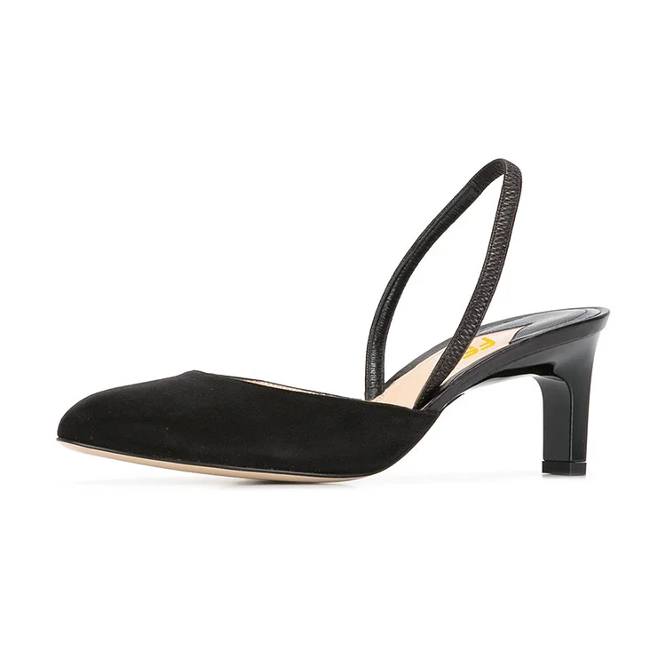 Women's Leila Black Almond Toe Chunky heel Slingback Pumps |FSJ Shoes