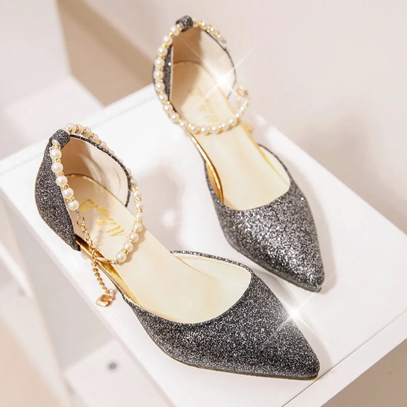 Sexy Pointed Toe Pearl High Heels Shoes Female Fashion Hollow with Sandals Paillette of The Thin Breathable Shoes Women Pumps