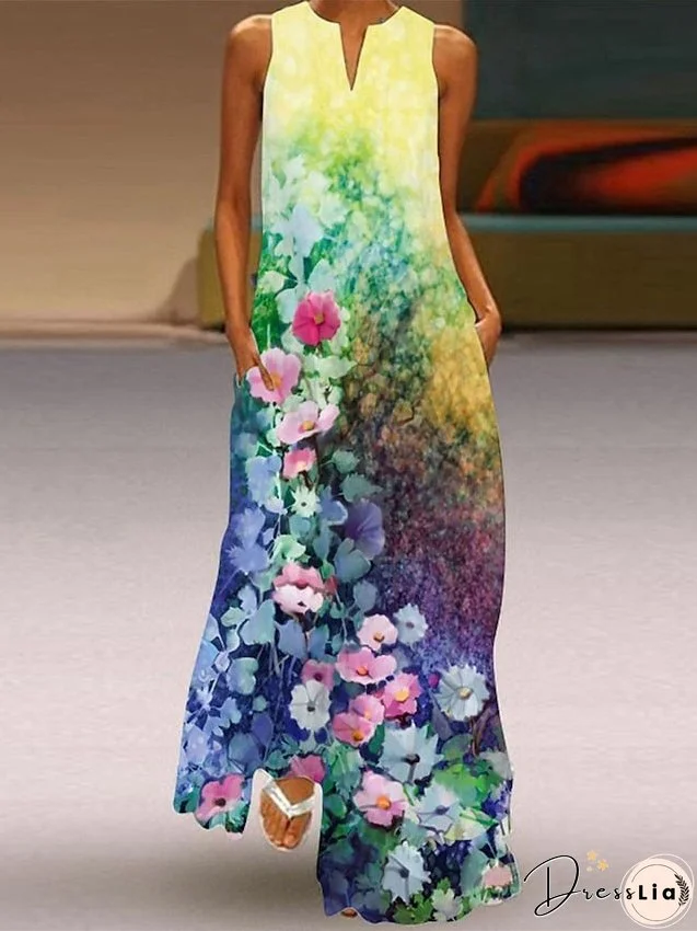 Women's Dress - Long Dress Maxi Dress Casual Dress Swing Dress Tank Dress Floral Heart Fashion Casual Outdoor Daily Vacation Print Short Sleeve V Neck Dress Regular Fit Yellow Gold Green Spring Summer S M L