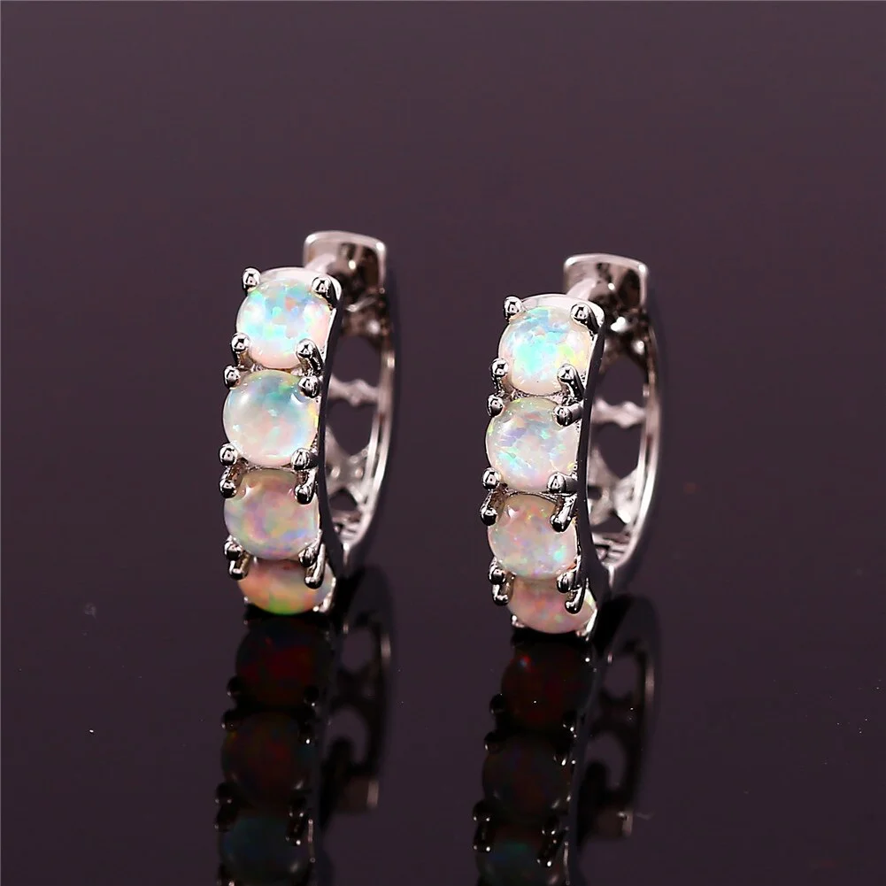 Cute Female Blue White Opal Earrings Classic Silver Color Small Hoop Earrings For Women Dainty Bridal Round Wedding Earrings