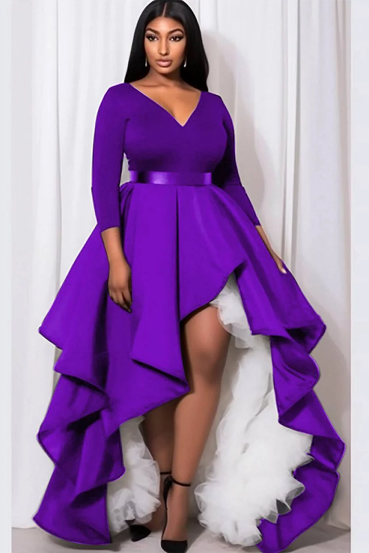 Xpluswear Design Plus Size Semi Formal Maxi Dresses Elegant Purple Fall Winter V Neck 3/4 Sleeve Contrast Knitted Maxi Dresses [Pre-Order]