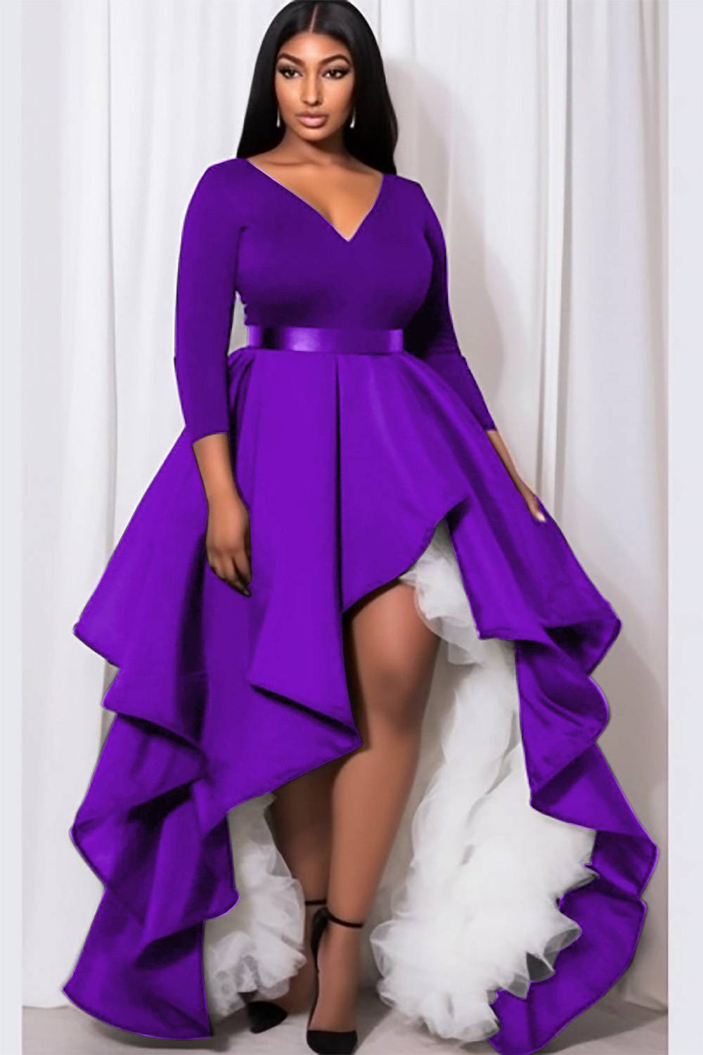Design Plus Size Semi Formal Maxi Dresses Elegant Purple Fall Winter V Neck 3/4 Sleeve Contrast Knitted Maxi Dresses [Pre-Order]