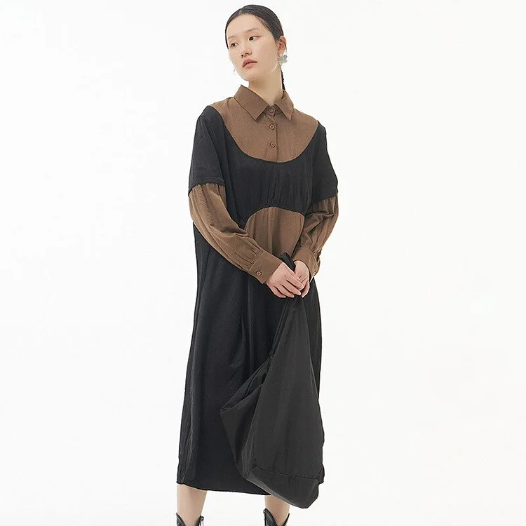 Retro Loose Lapel Patchwork Pleated Contrast Color Long Lantern Sleeve Dress