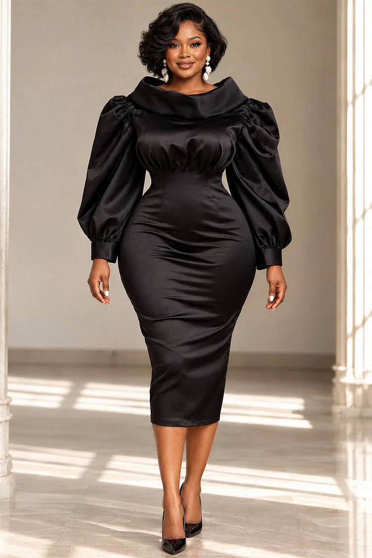 Xpluswear Design Plus Size Business Casual Black Puff Sleeve Long Sleeve Bodycon Split Satin Midi Dresses [Pre-Order] 2024 - Xpluswear