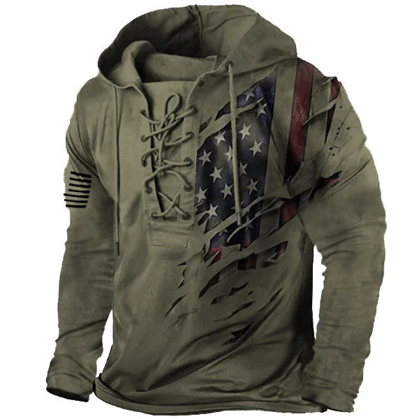 【2nd 50% Off】Mens Vintage American Flag Print Lace-Up Hooded Sweatshirt