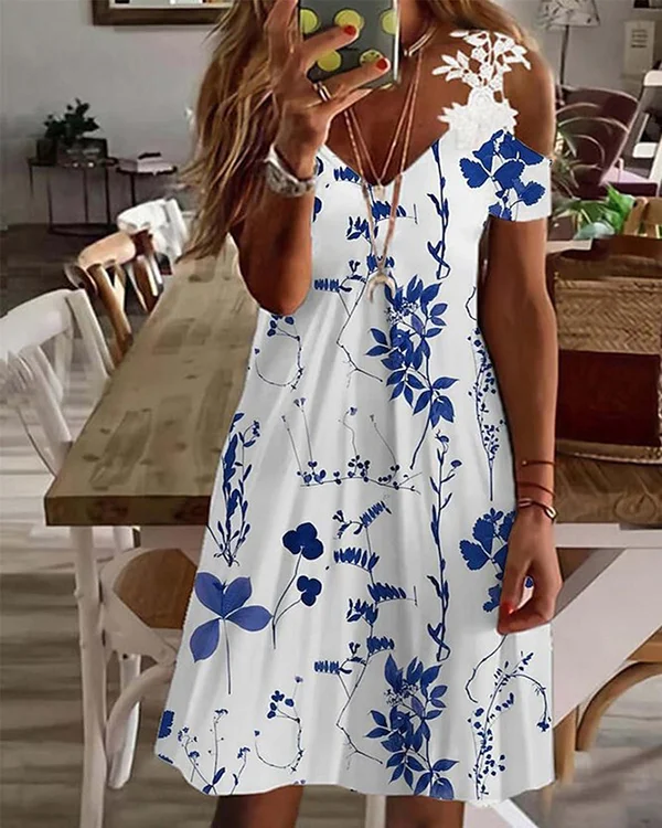 Lace Panel Off Shoulder Floral Short Sleeve Dress