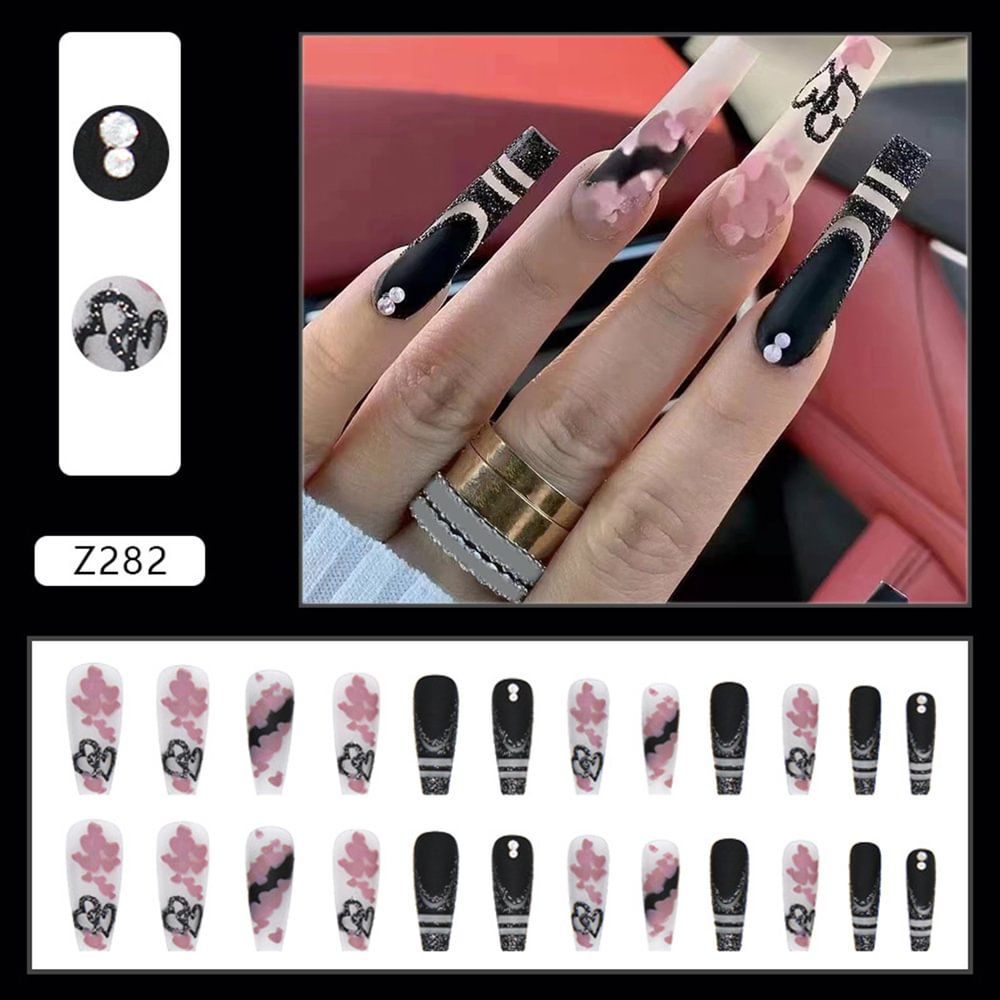Agreedl Coffin Nail Tips 24PCS Press On Acrylic Nails Pink Heart Graffiti Sweet Style Full Coverage Nails Free Shipping Items