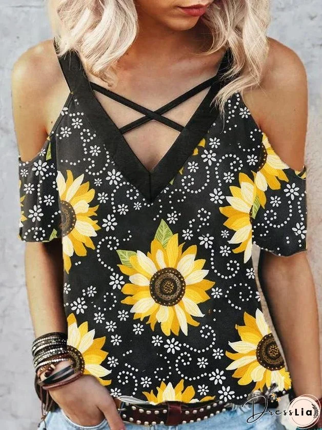 V-neck Floral Print Suspender T-shirt