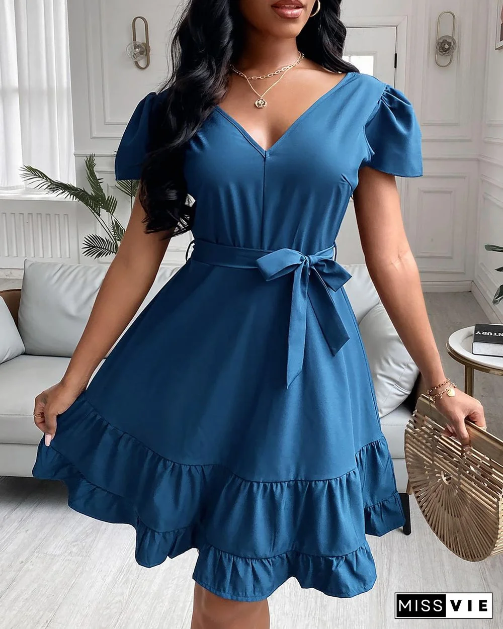 Solid V-Neck Shirred Back Ruffle Hem Belted Dress