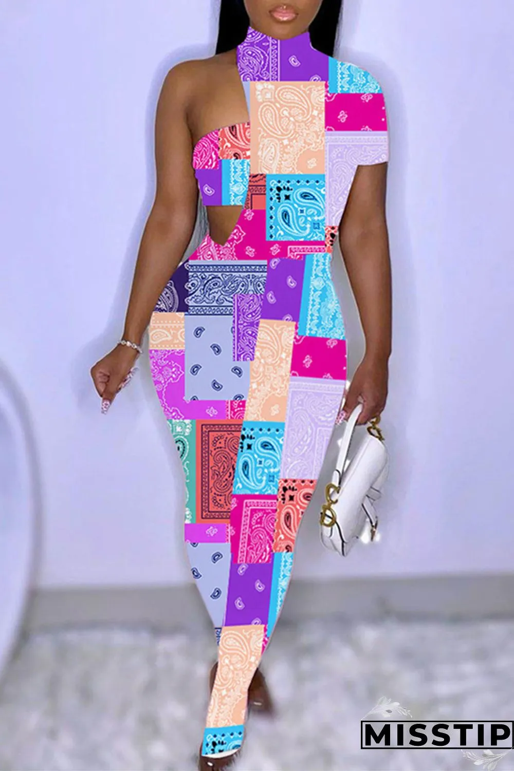 Blue Fashion Sexy Print Hollowed Out Turtleneck Short Sleeve Two Pieces