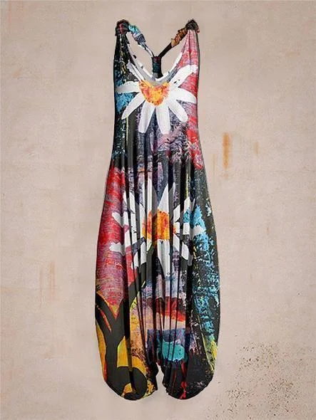 Women Summer Floral Pattern Sleeveless Harem Jumpsuit