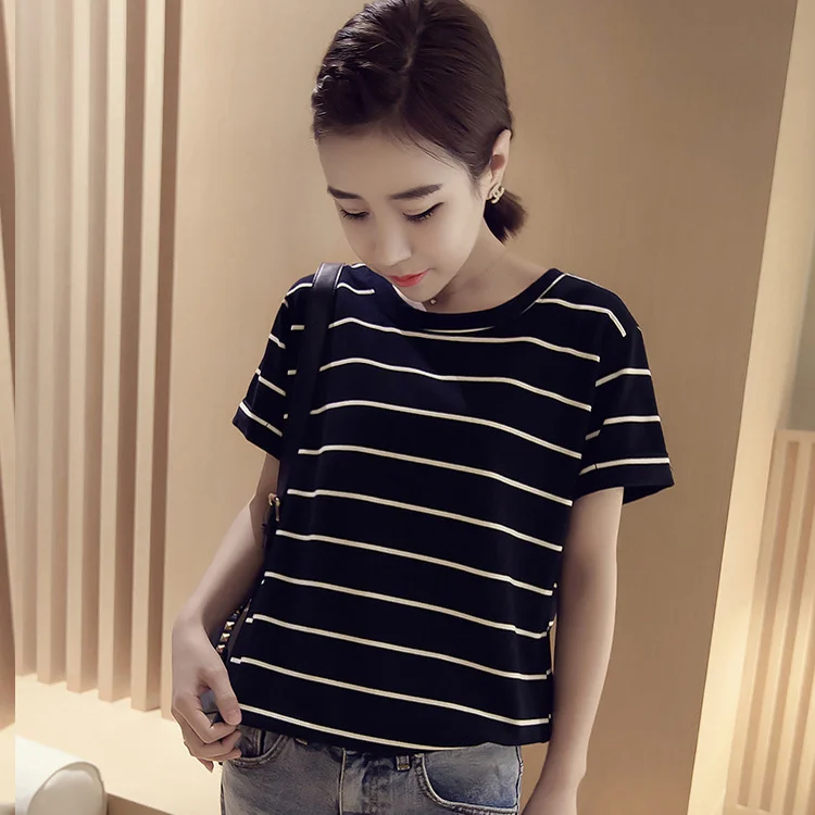 Uveng Uveng New Summer 2024 Korean Version Loose Large-Size Striped Short-Sleeved T-Shirt Women's Top Bottom Shirt Women's Clothing